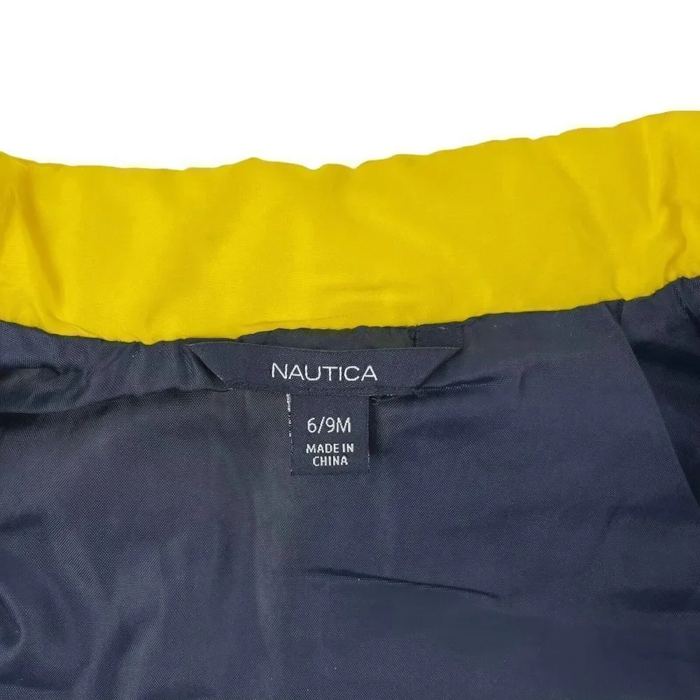 Nautica Spellout Puffer Vest Logo Color Blocked Yellow Blue Baby Size 6-9 Month